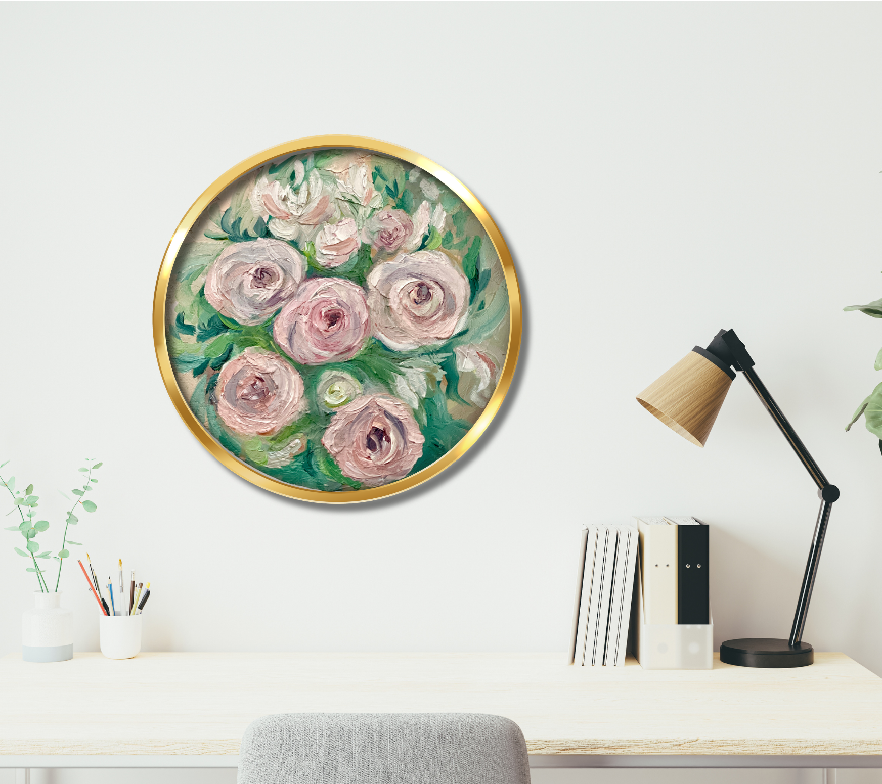 Garden Rose circular oil painting - 8" diameter - unframed