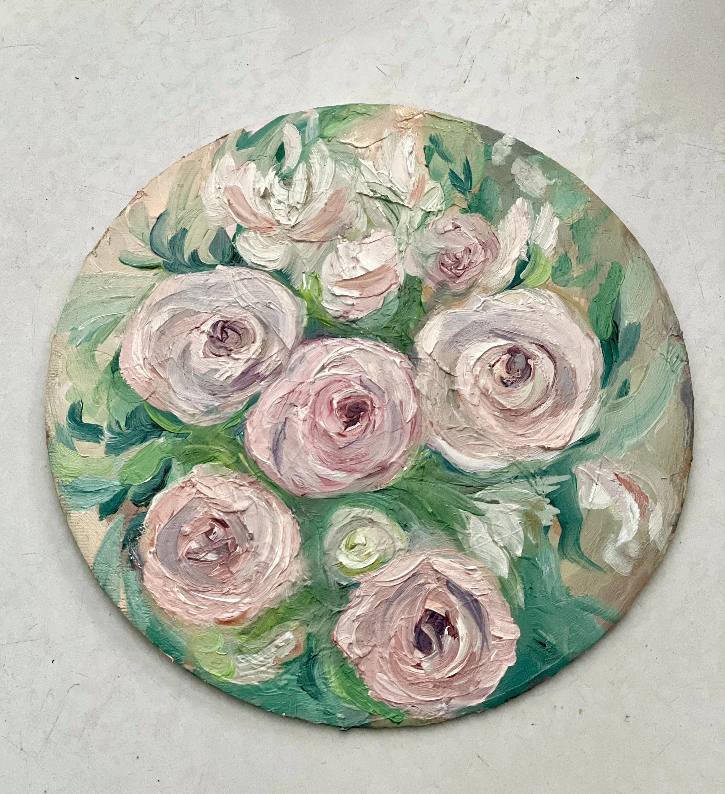Garden Rose circular oil painting - 8" diameter - $65