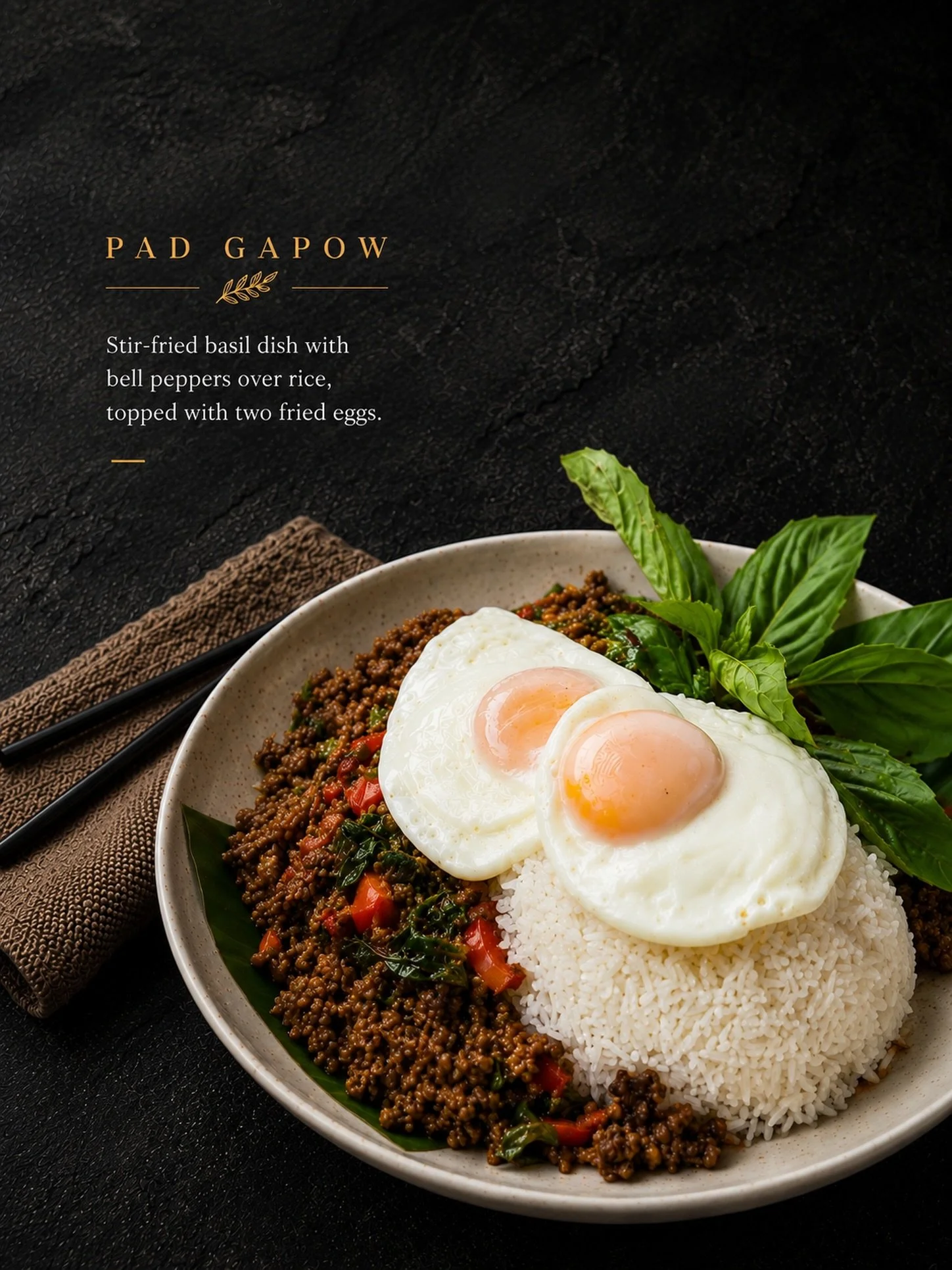 A Thai classic for a reason.

Pad Gapow features stir-fried basil, bell peppers, and your choice of protein, served over jasmine rice and topped with two fried eggs. Bold, savory, and packed with flavor in every bite.

Join us for lunch or dinner and