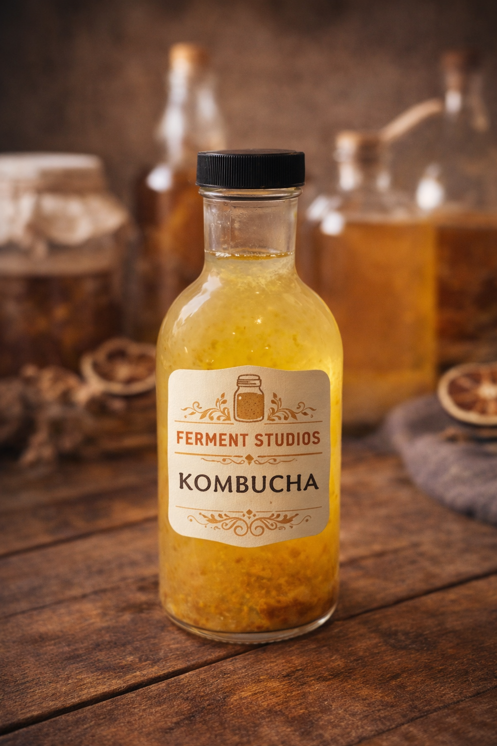 A glass bottle labeled 'FERMENT STUDIOS KOMBUCHA' containing yellow fermented beverage, placed on a wooden surface with blurred jars in the background.