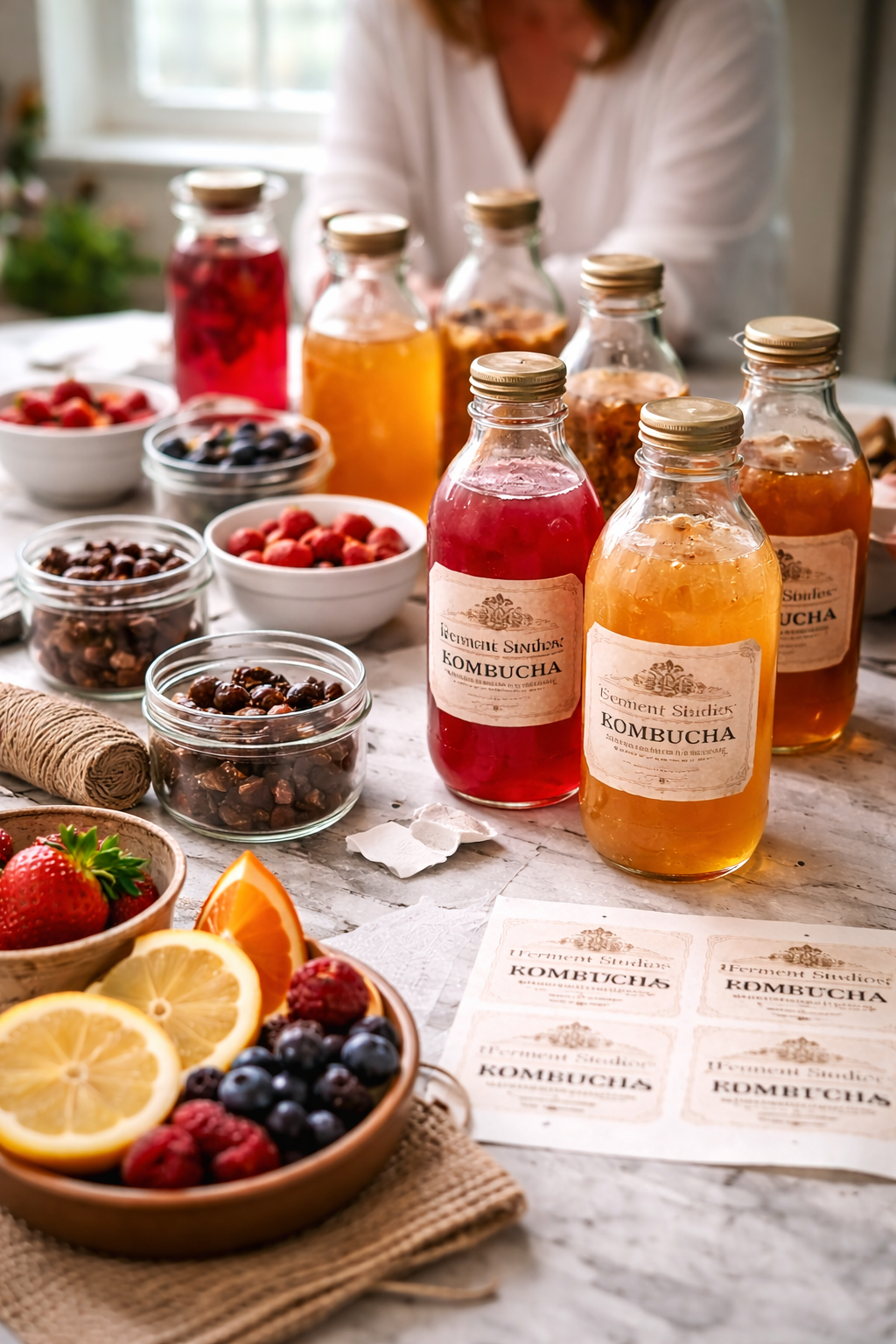 A woman preparing kombucha with bottles of colorful, homemade kombucha on a rustic table surrounded by bowls of fresh berries, sliced citrus, and jarred ingredients.