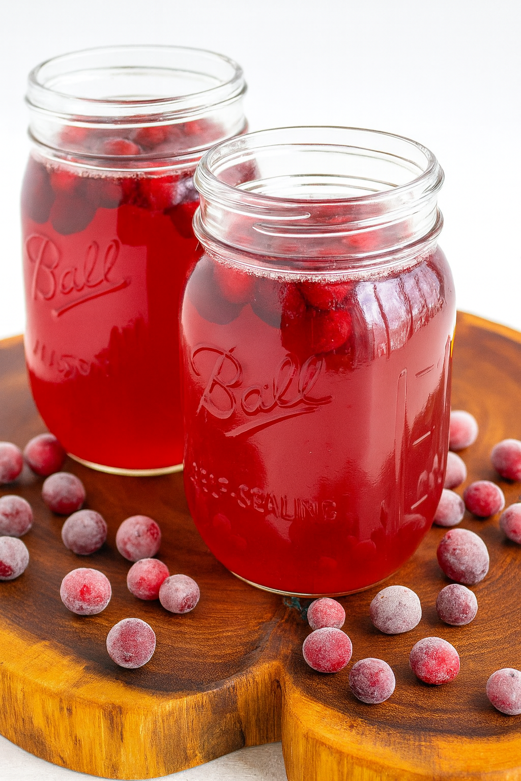 Two Mason jars filled with frozen cherry fruit juice on a wooden tray, surrounded by frozen cherries.