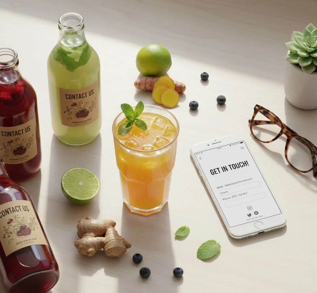 A flat lay of colorful beverages, fresh ingredients, and a smartphone on a white surface, including a kidney bean plant and a pair of tortoise-shell glasses.