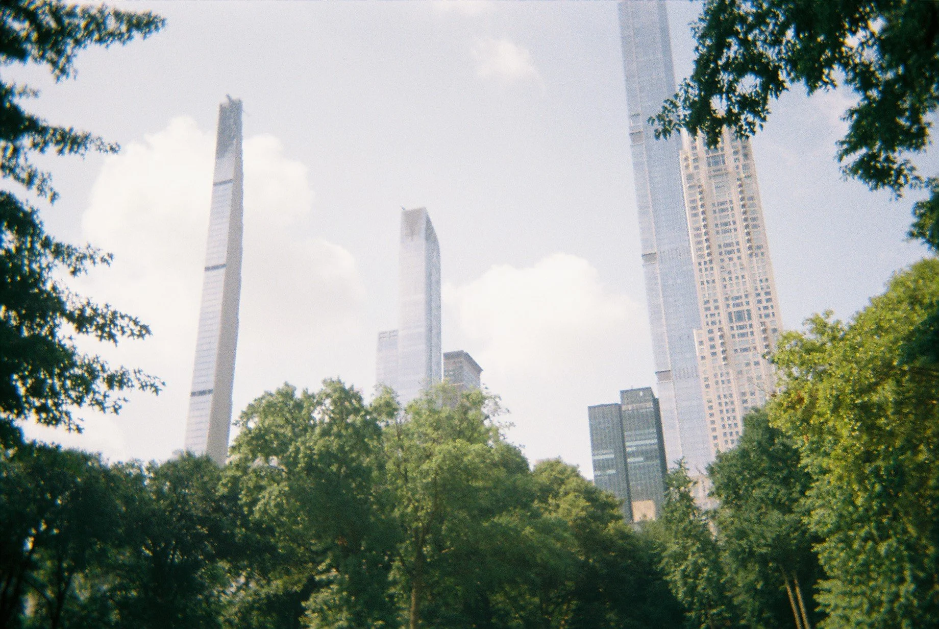 Skyscrapers towering above lush trees in a city park with partly cloudy sky in the background.