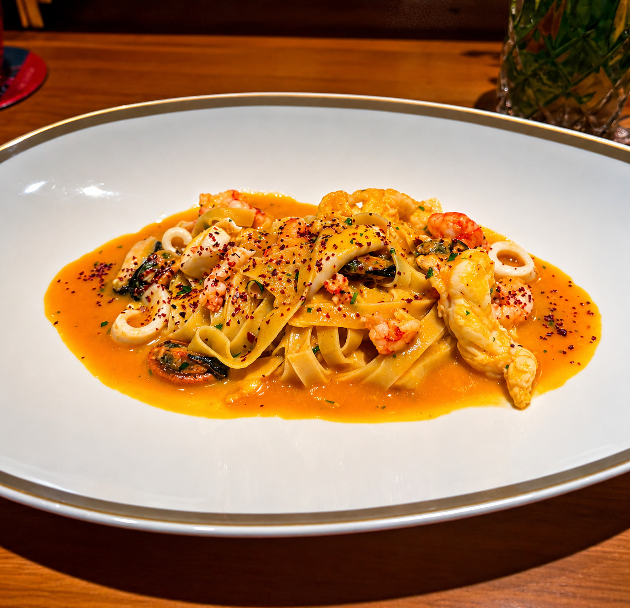 Plate of shrimp pasta with seafood and spicy sauce garnished with red pepper flakes, served on a white plate with a gold rim.  Langosteria in Paris.