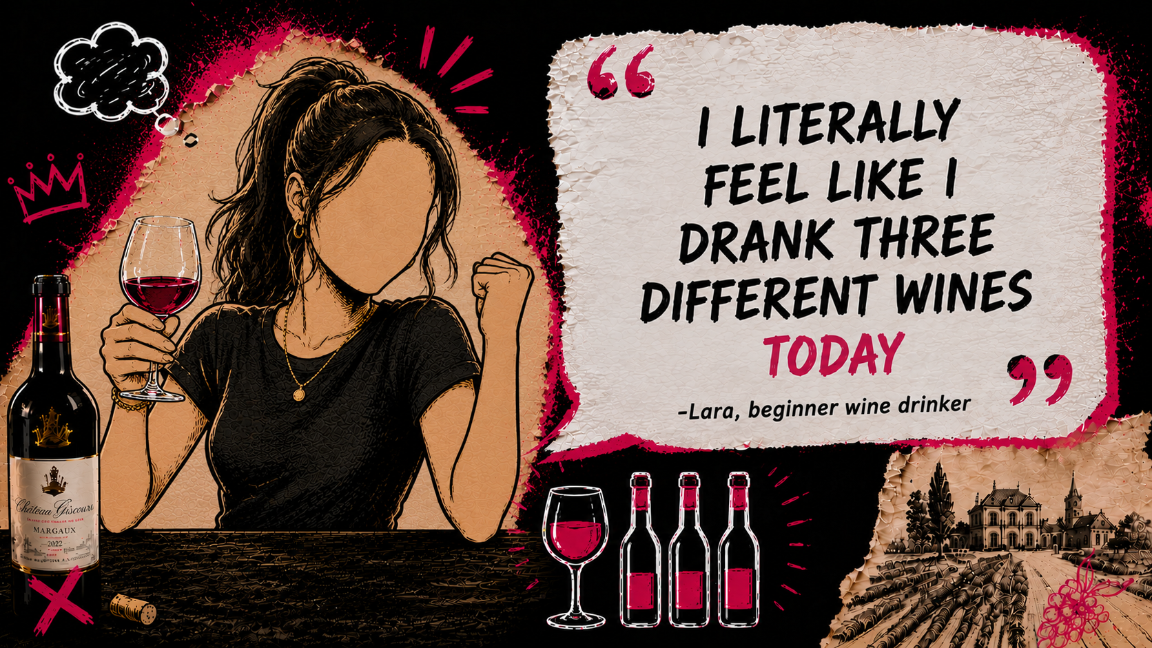Illustration of a woman with long dark hair, holding a glass of red wine, and the quote "I literally feel like I drank three different wines today" by Lara, a beginner wine drinker. The background includes wine bottles, a cork, a sketch of a vineyard, a small drawing of a crown, a grapevine, and a cityscape.