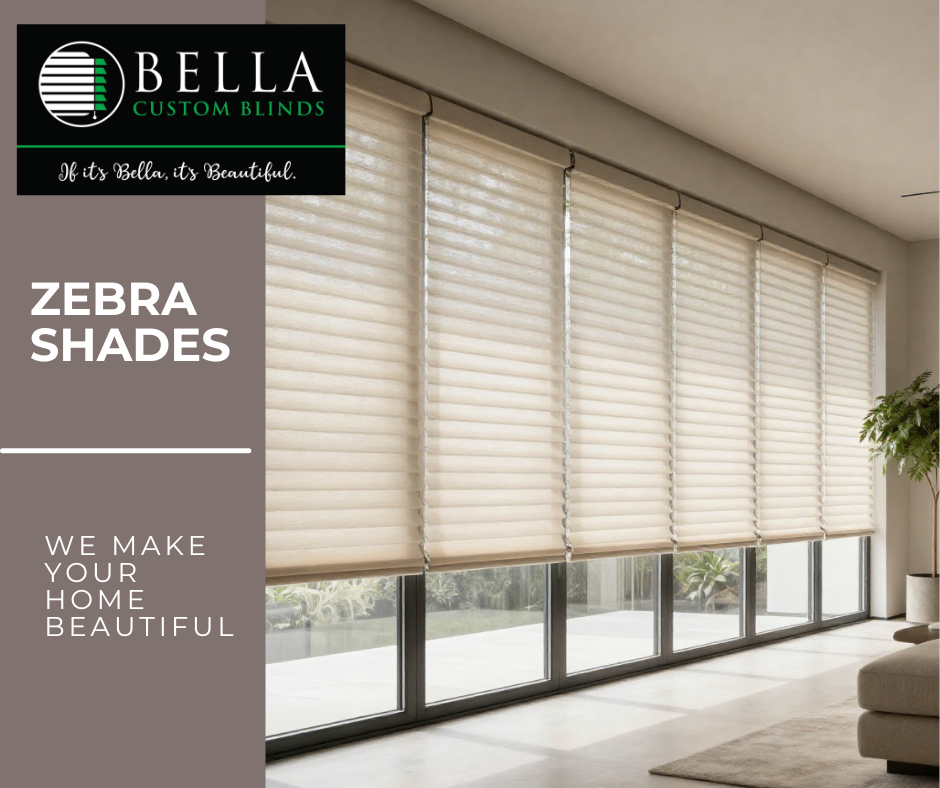A room with large windows covered by beige zebra shades in a modern home interior.