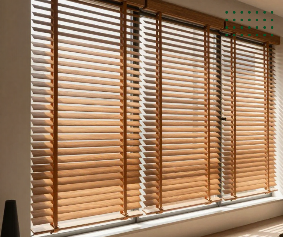 Wooden horizontal blinds covering a large window.
