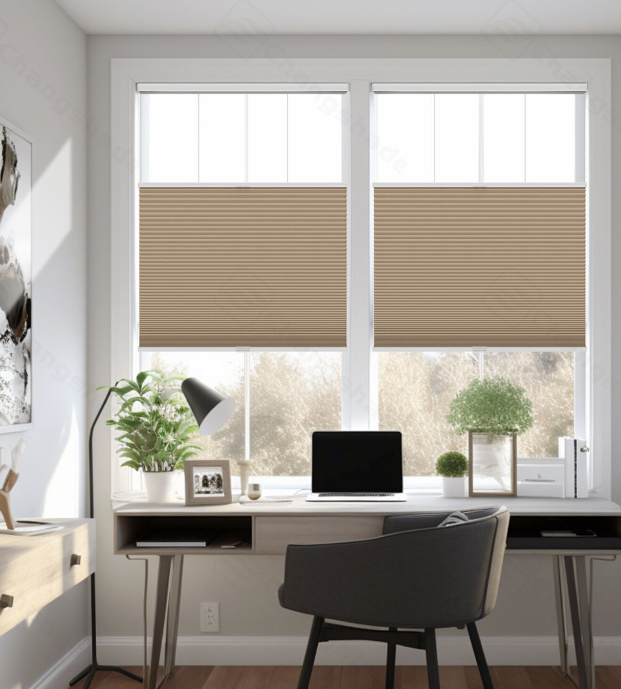 Home office with a desk, a laptop, green plants, window blinds, and a chair.