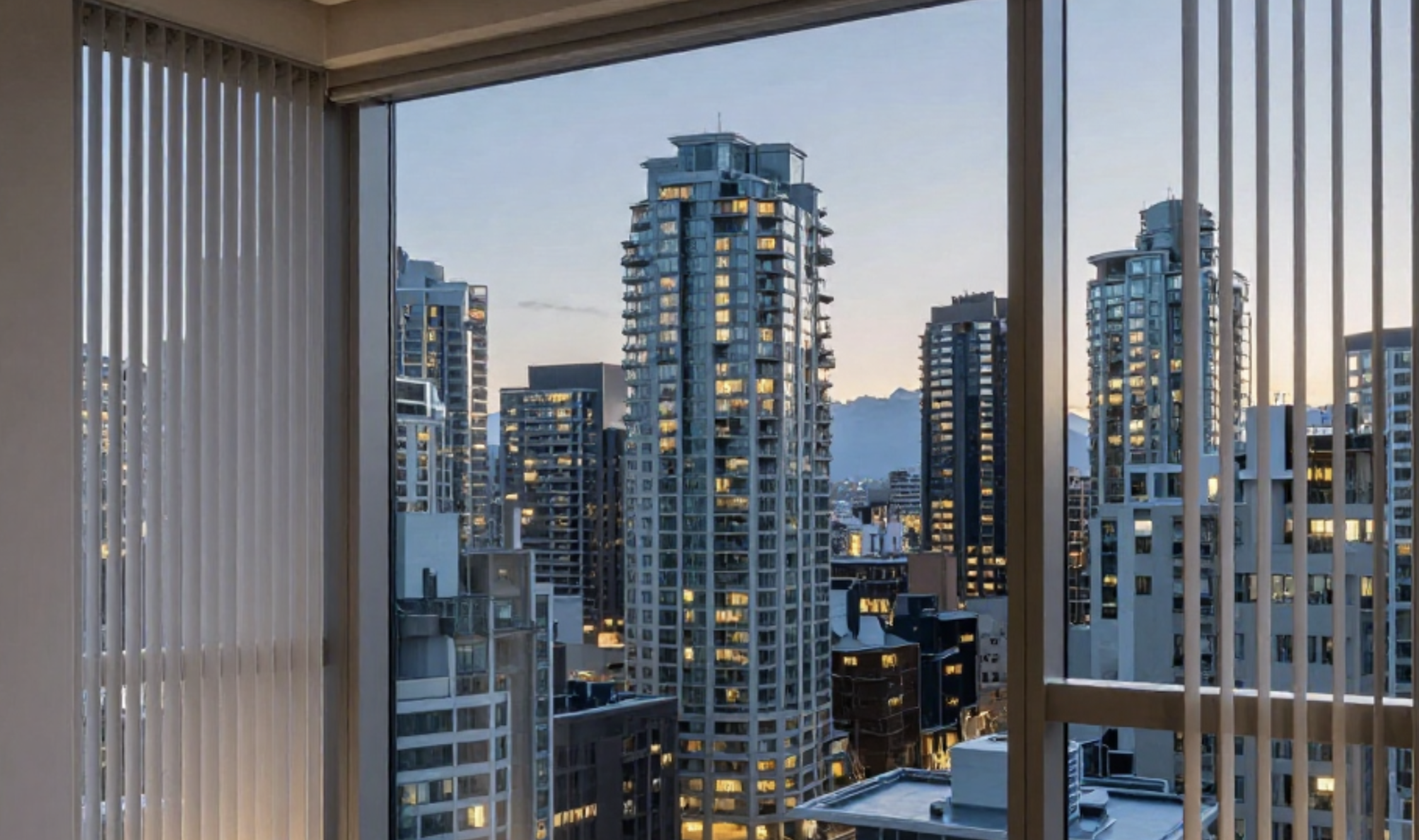 City skyline with tall buildings viewed through open vertical blinds at dusk.