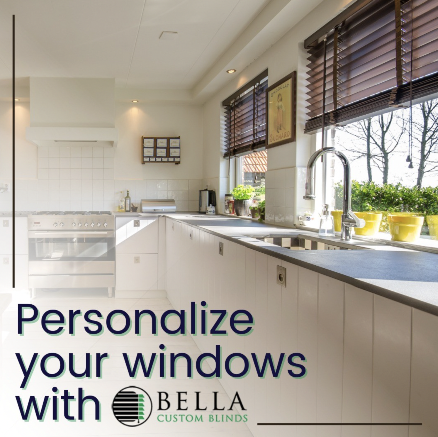Bright kitchen with large windows and dark wooden blinds, white cabinets, a stove, and green potted plants on the windowsill, with promotional text overlaid.
