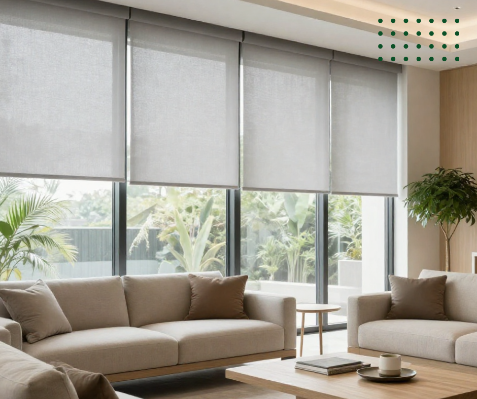 A modern living room with beige sofas, brown throw pillows, large windows with grey blinds, a wooden coffee table with books and a ceramic mug, a potted plant, and outdoor greenery visible through the windows.