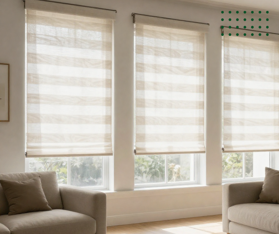 Bright living room with three large windows covered by beige roller blinds, beige sofas with pillows, and natural daylight streaming in.