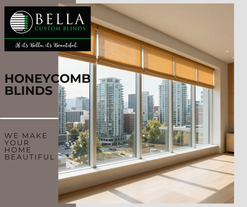 Interior view of a room with large windows and honeycomb blinds in a cityscape setting.