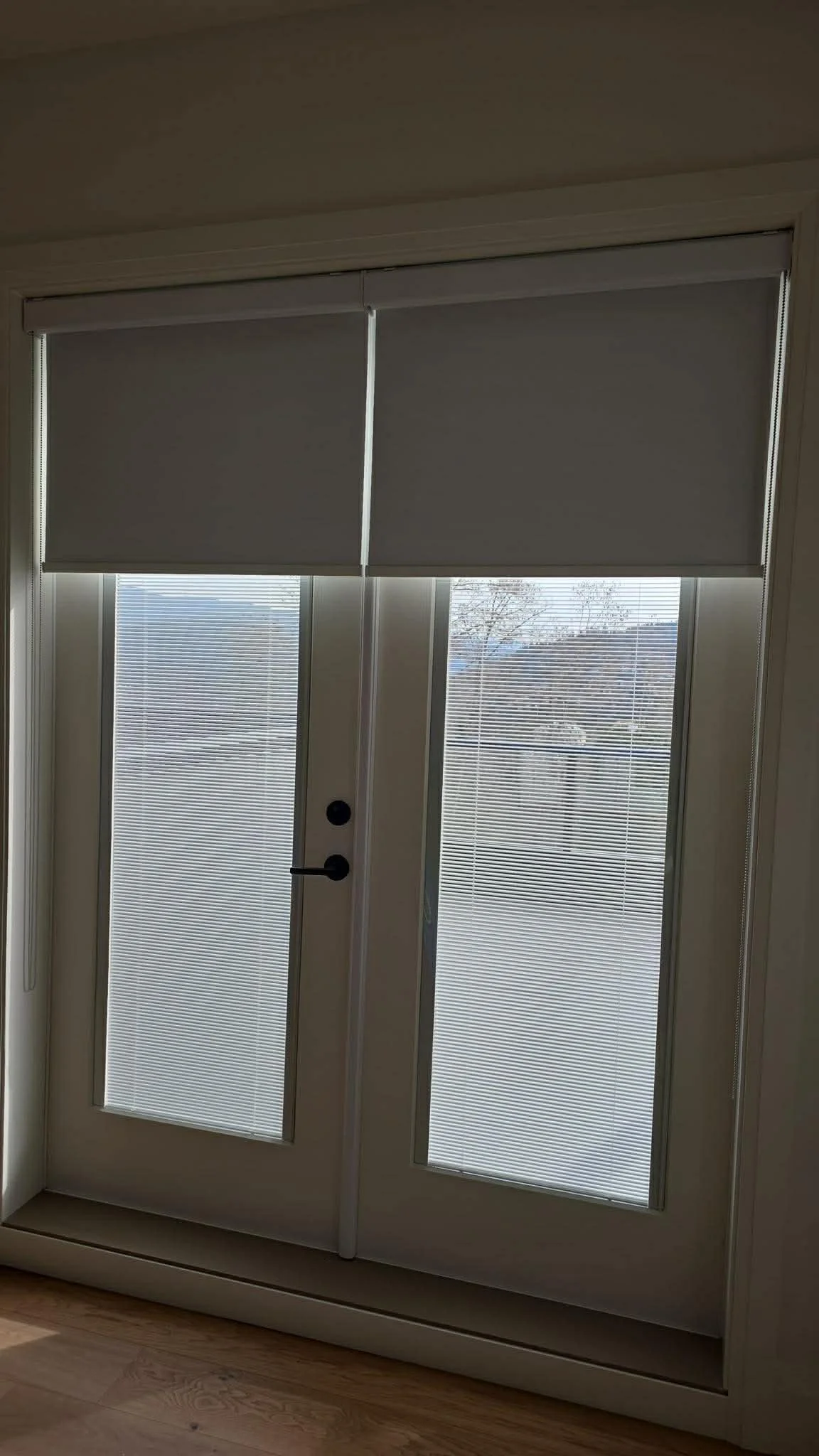 Interior view of a door with blinds, partially covered by a curtain or blind, with a view of the outdoors.