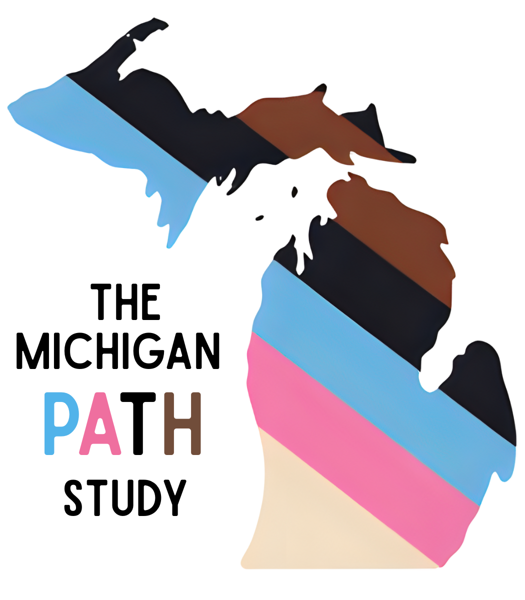 A stylized map of Michigan with horizontal stripes in colors representing the transgender pride flag: pink, blue, and white, with some sections in black and brown.