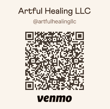 Business card for Artful Healing LLC with a QR code and Venmo logo.