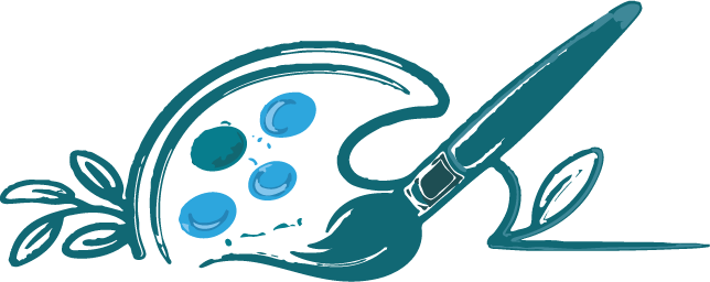 A paint palette with blue paint and a paintbrush resting on it, set against a black background.