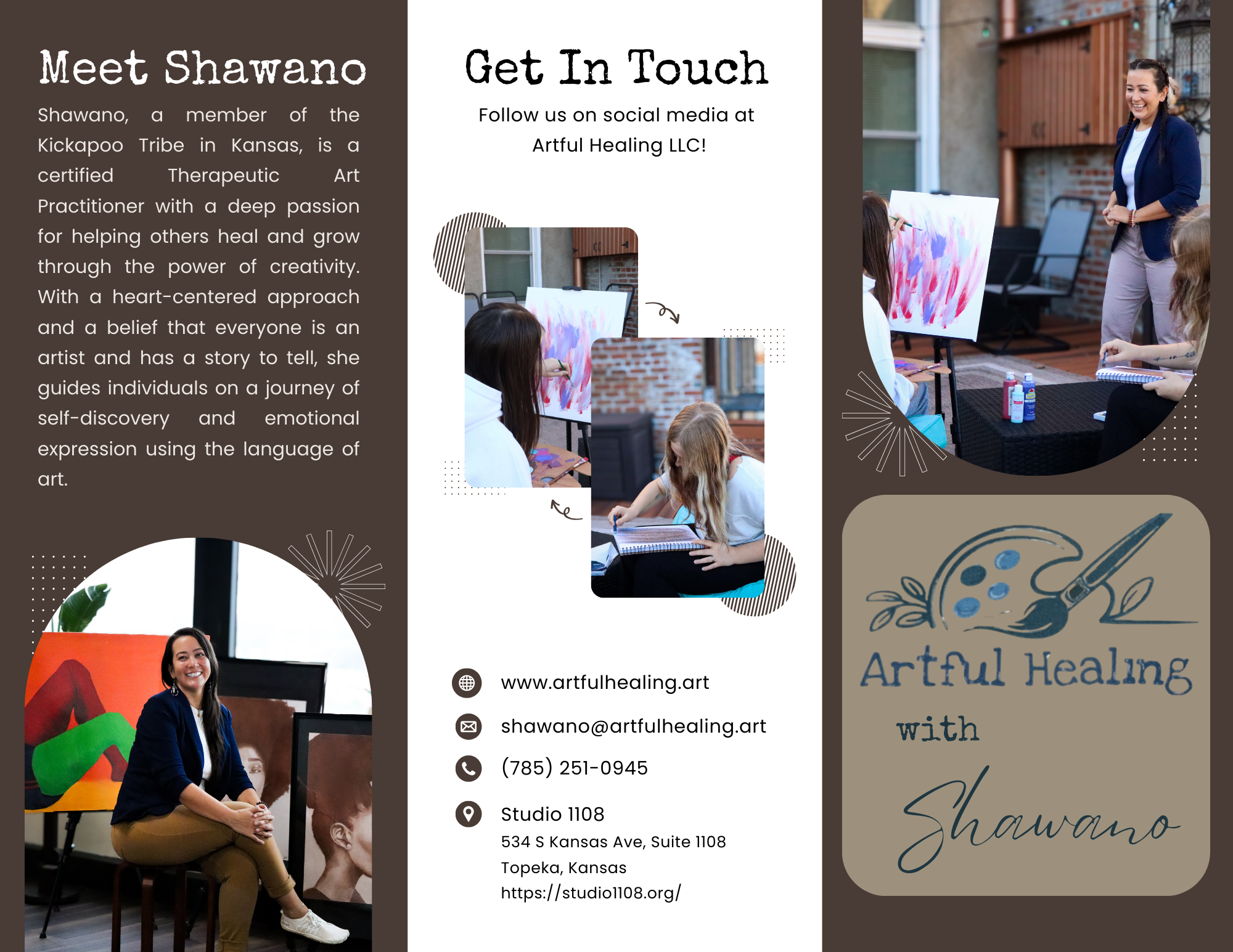 Brochure for Artful Healing LLC introducing Shawano, a certified Therapeutic Art Practitioner, with images of her leading an art session with young girls, her smiling portrait, and the Artful Healing logo featuring a paint palette and brush, along with contact details and social media information.