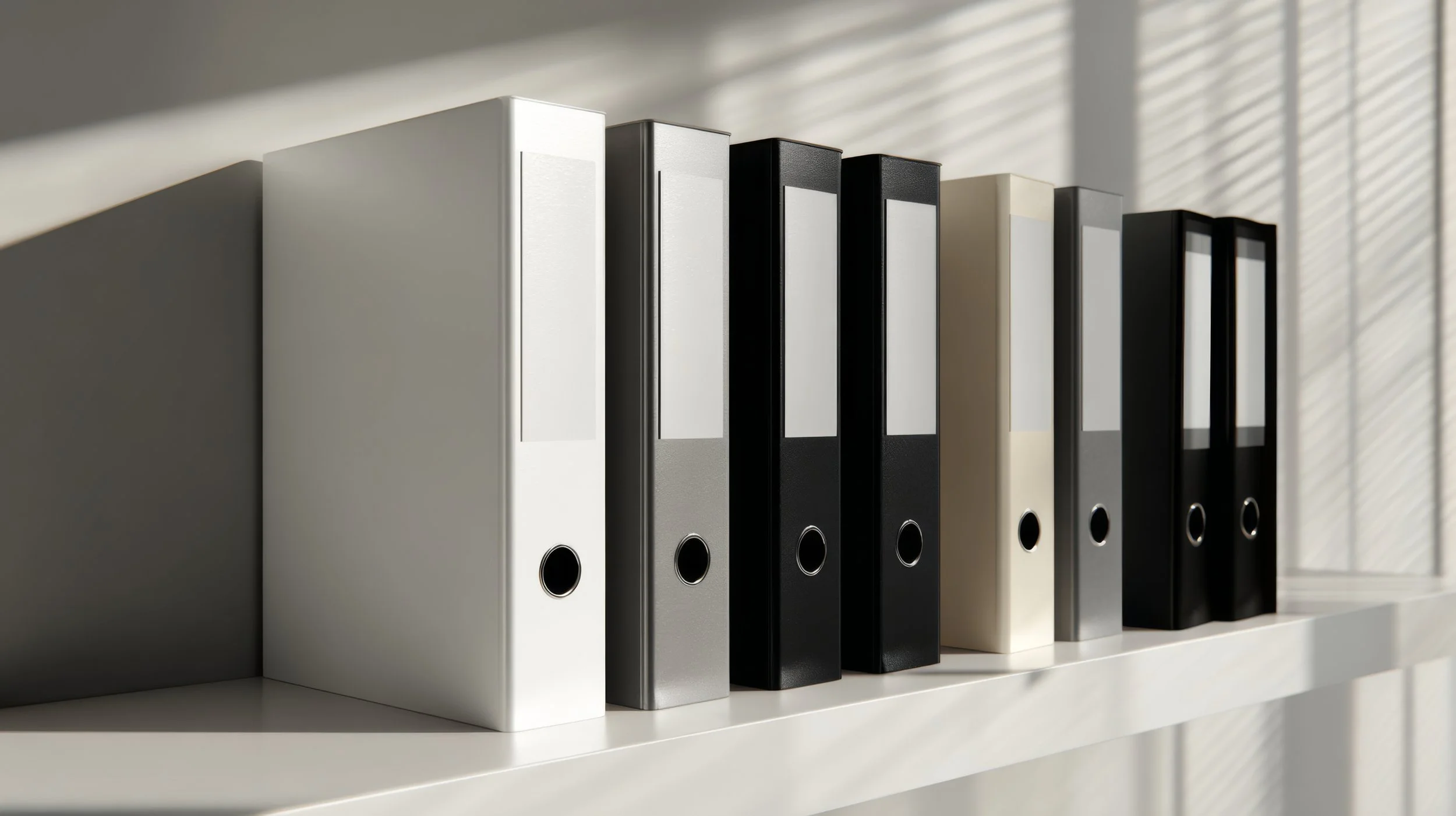 Estantes con archivadores blancos, negros y grises sobre una repisa blanca, con luz y sombra en un ambiente de oficina.