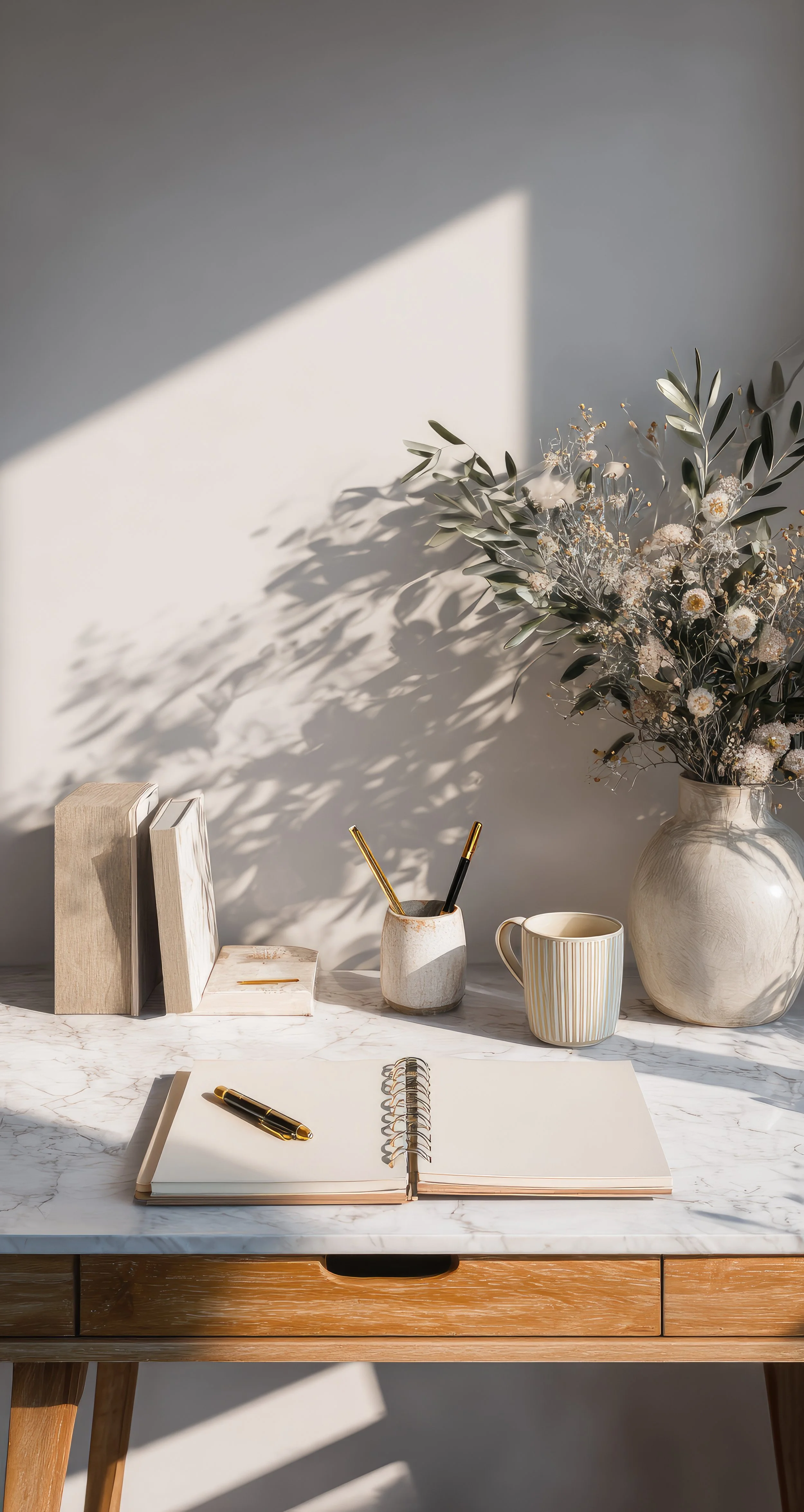 Mesa de madera con libro abierto, bolígrafo y cera en una libreta, florero con flores y hojas, taza, y libros apilados, con sombra y luz natural.