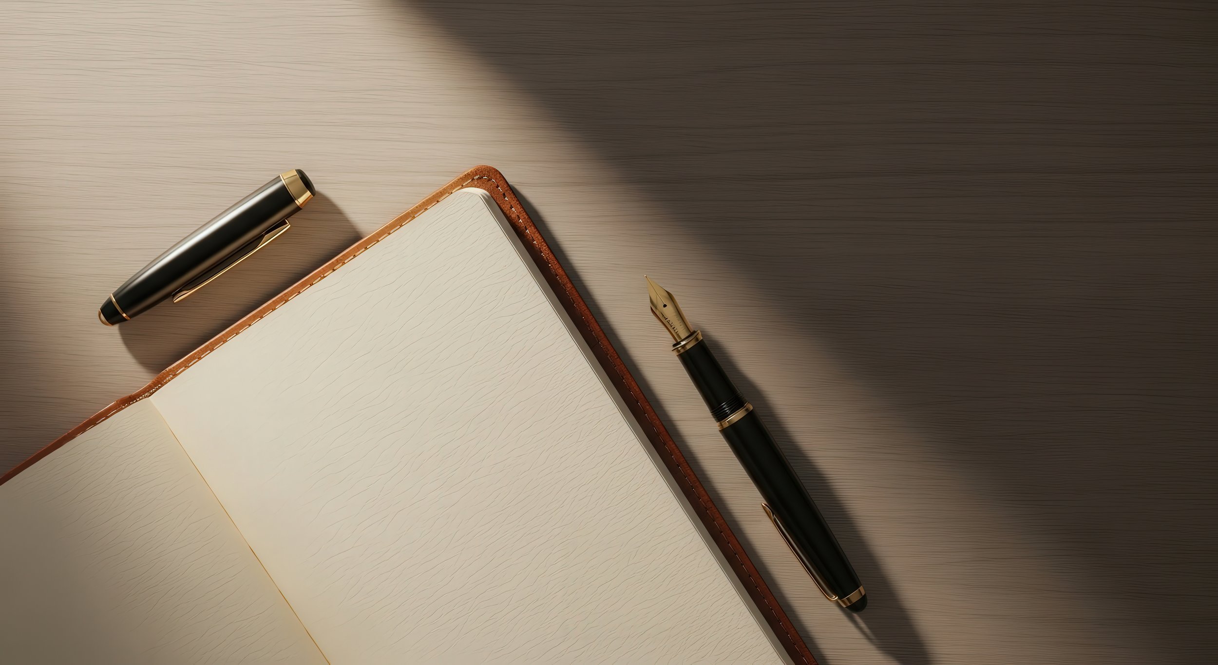 Cuaderno abierto con portada marrón, pluma y bolígrafo sobre una superficie de madera.