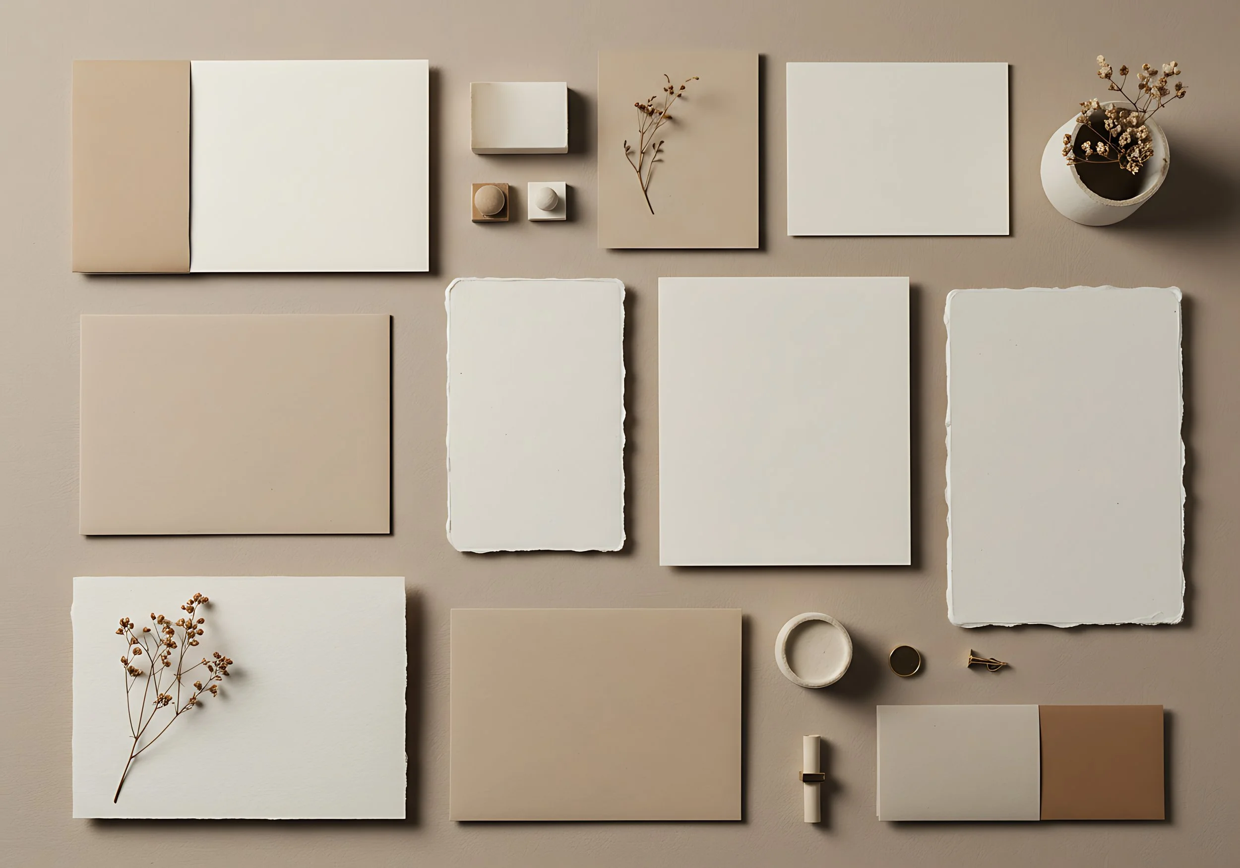 Muestras de materiales en tonos neutros, incluyendo azulejos, piedras, jarrón con flores secas, adornos y objetos de decoración minimalistas sobre una superficie beige.