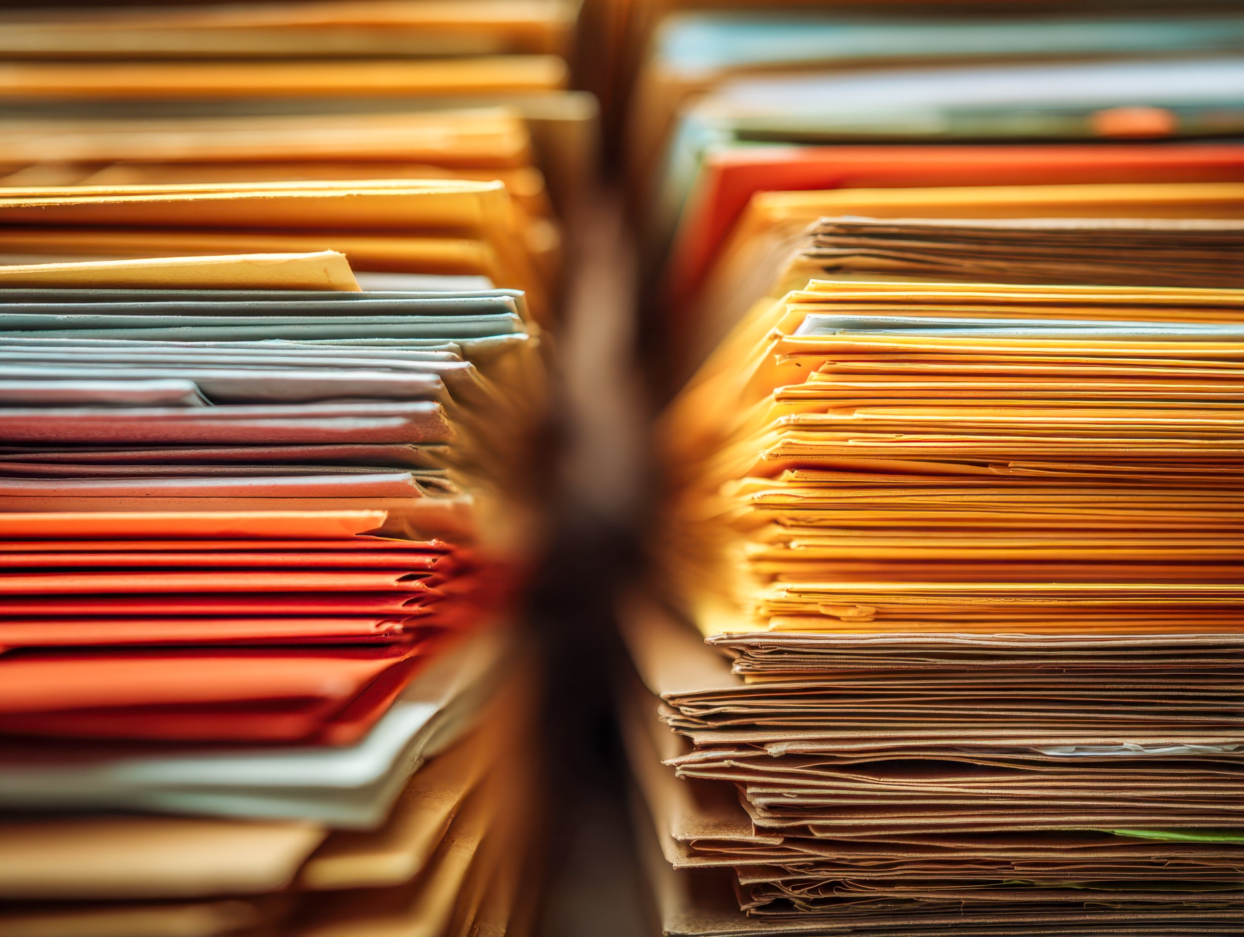 Dos pilas de carpetas y papeles apilados, vistos de cerca.