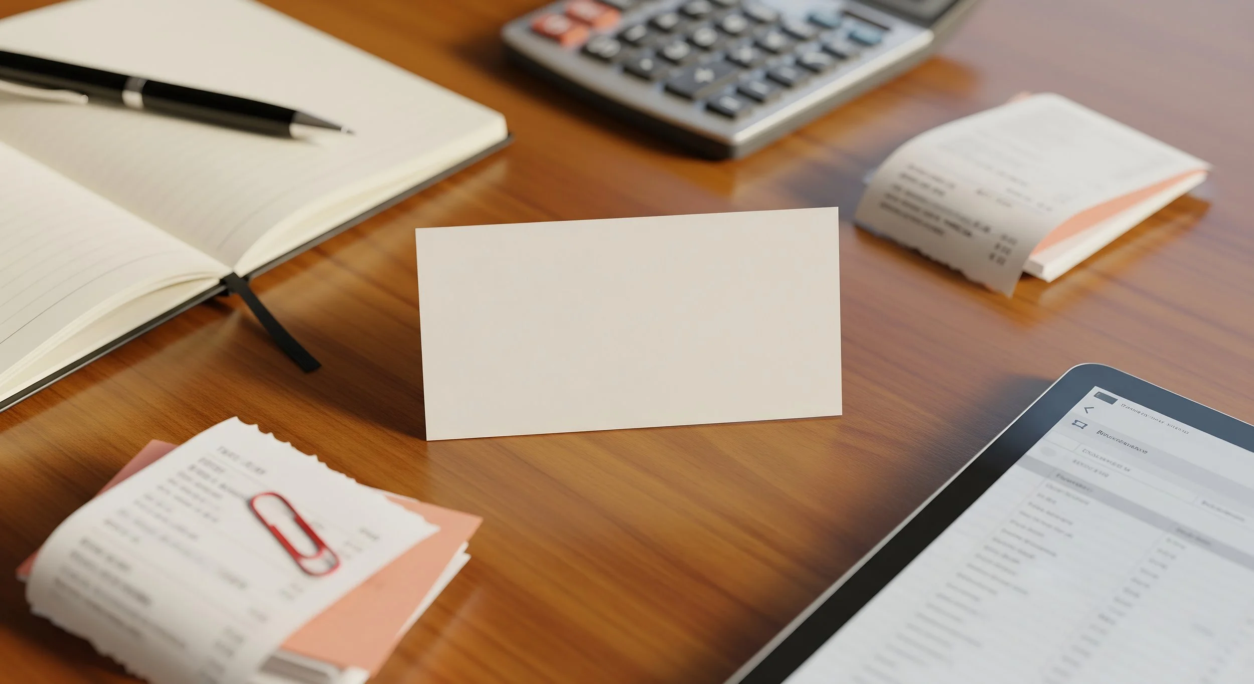 Mesa de trabajo con libreta, bolígrafo, calculadora, recibos y una hoja en blanco.