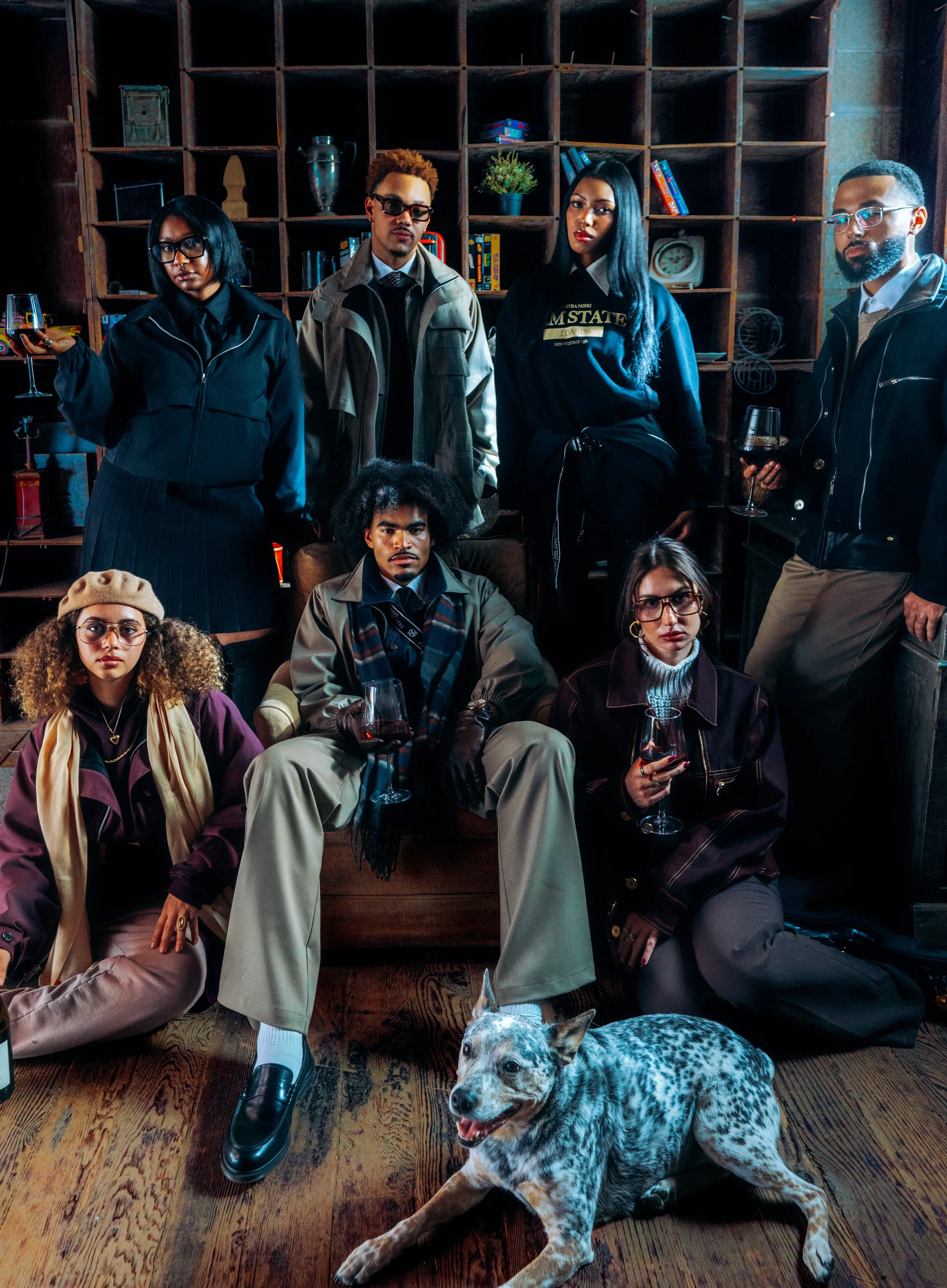 Group of diverse young adults and a Dalmatian dog sitting and standing in a cozy, dimly lit room with wooden flooring and a large bookshelf in the background. The group appears to be socializing and enjoying drinks.