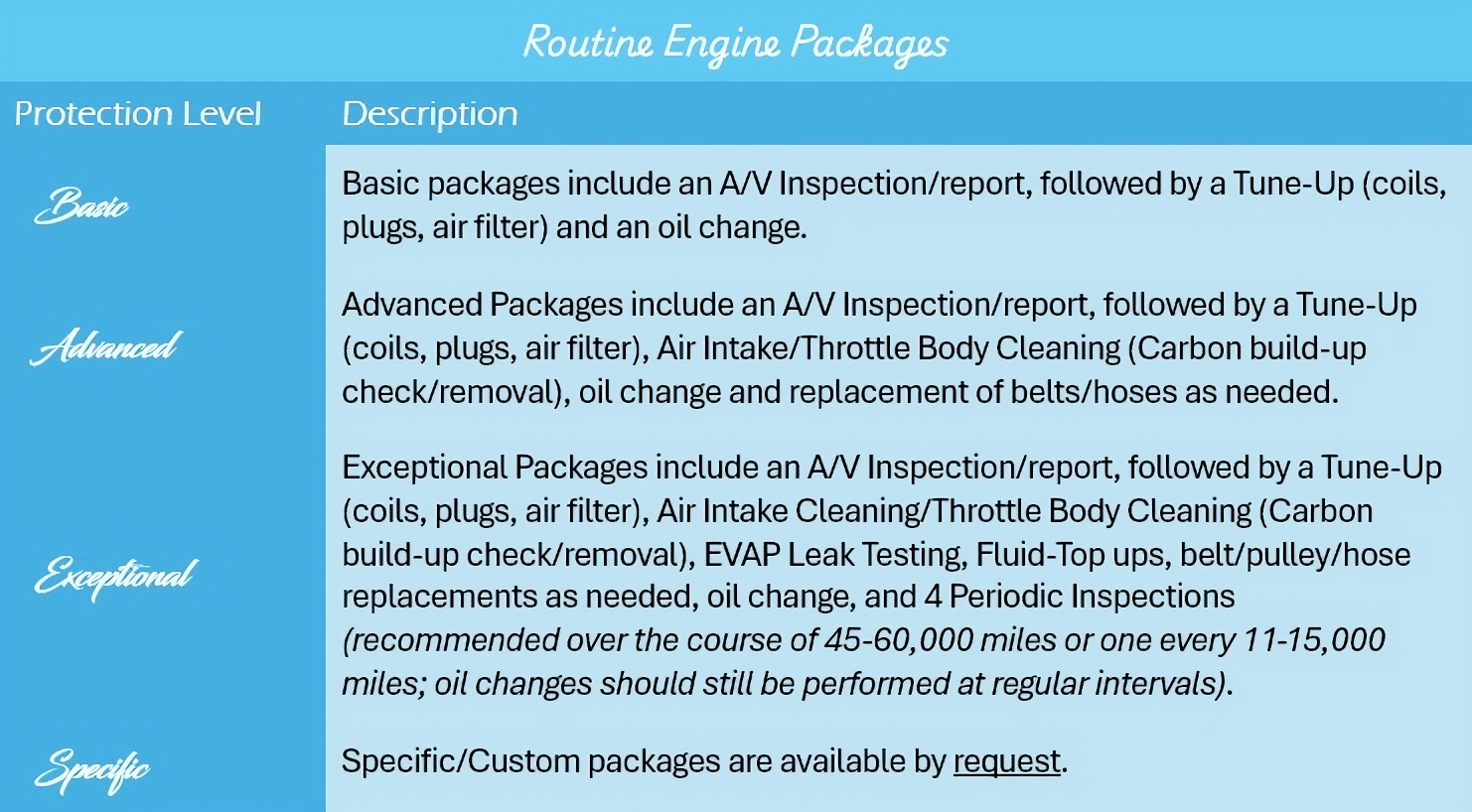 Table detailing routine engine packages categorized as Basic, Advanced, Exceptional, and Specific, with descriptions of services included in each package.