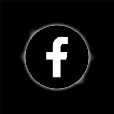Facebook logo with white 'f' inside a black circle on a black background.