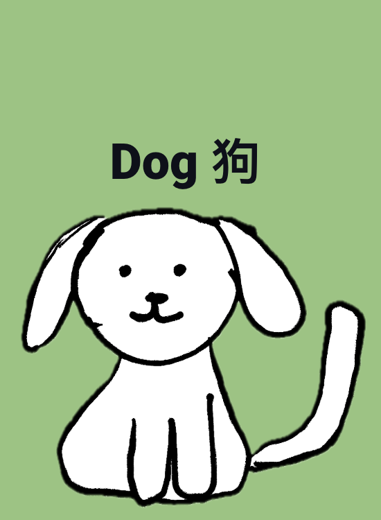 A cartoon drawing of a dog with the words 'Dog' and the Chinese character for dog on a green background.