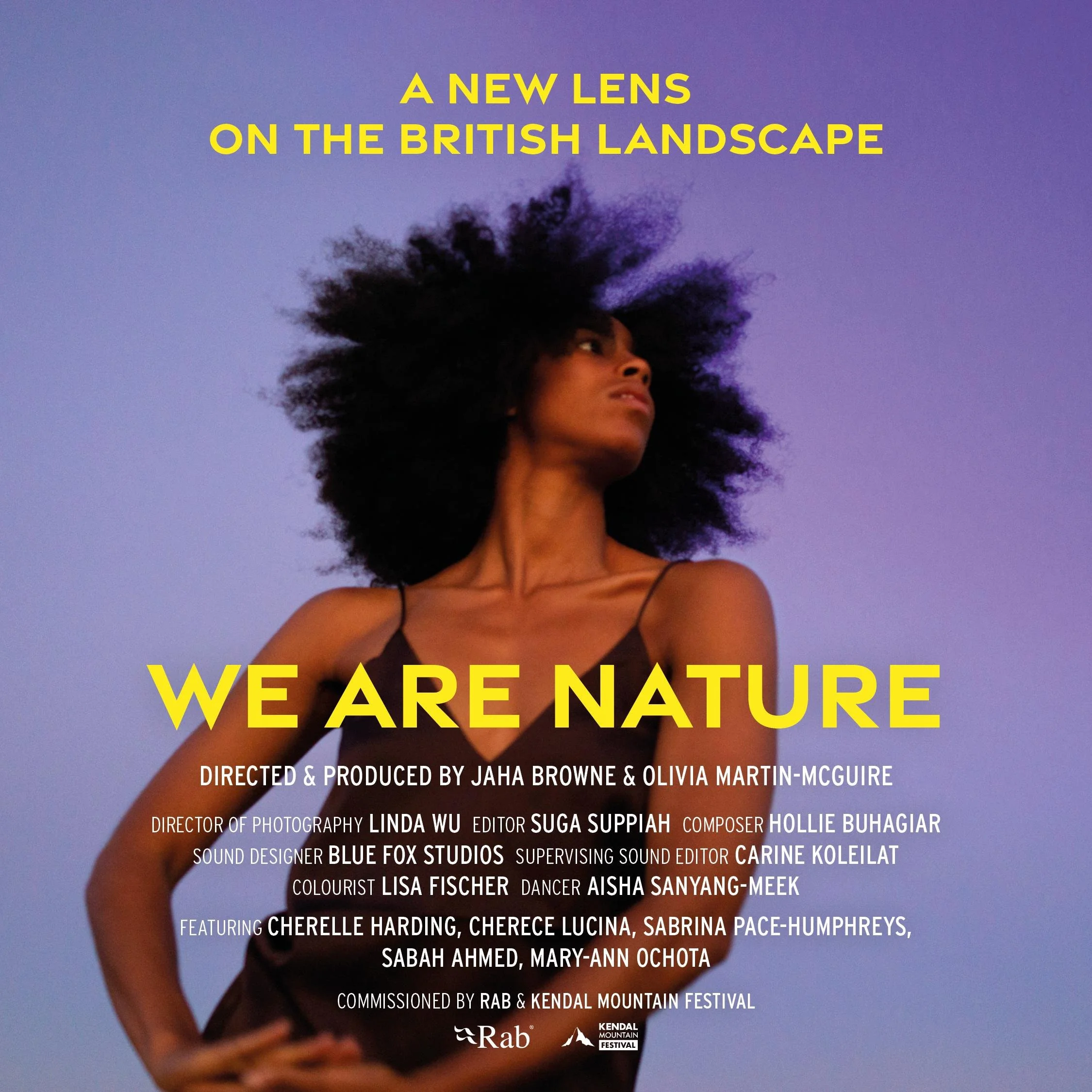 Promotional poster for a film titled 'We Are Nature', depicting a woman with an afro hairstyle against a blue and purple background, with yellow and white text describing the film's crew and festival details.
