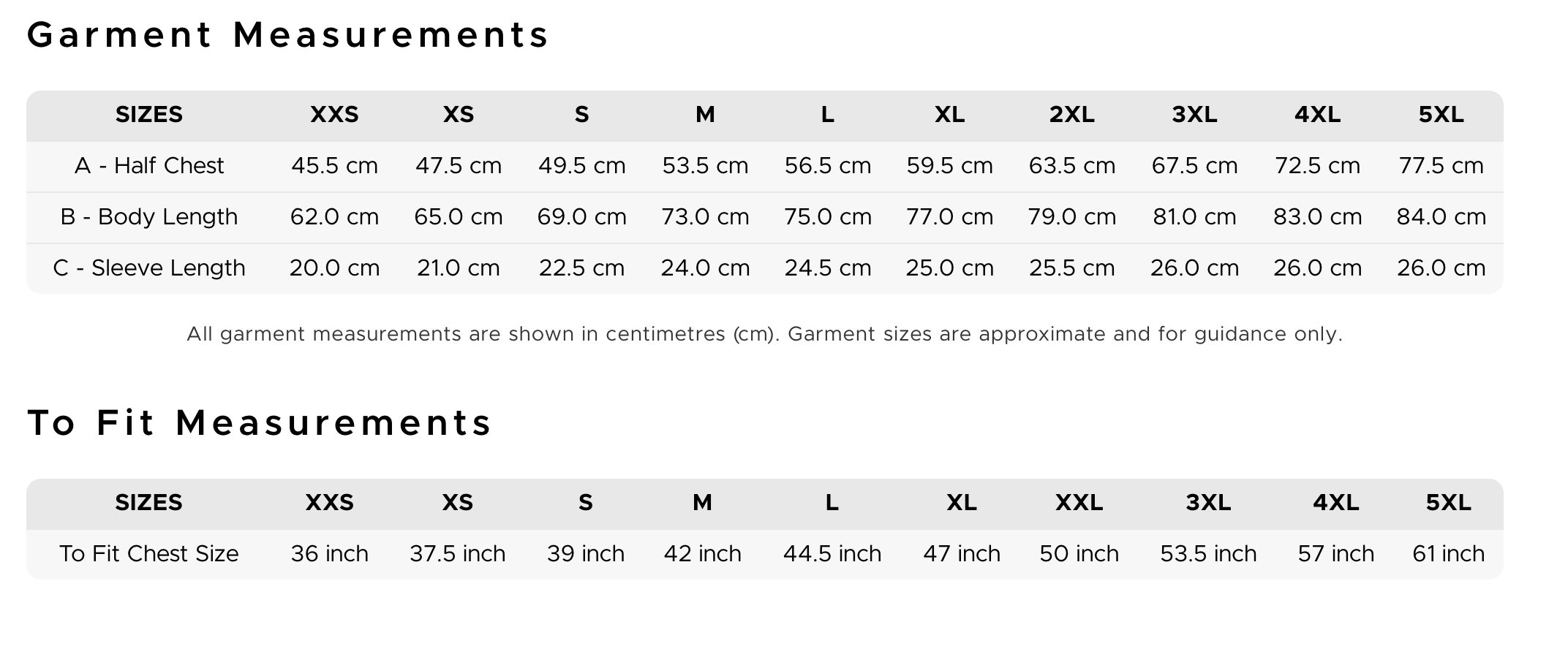 Chart titled Garment Measurements comparing sizes from XXS to 5XL, with measurements for Half Chest, Body Length, and Sleeve Length in centimeters.