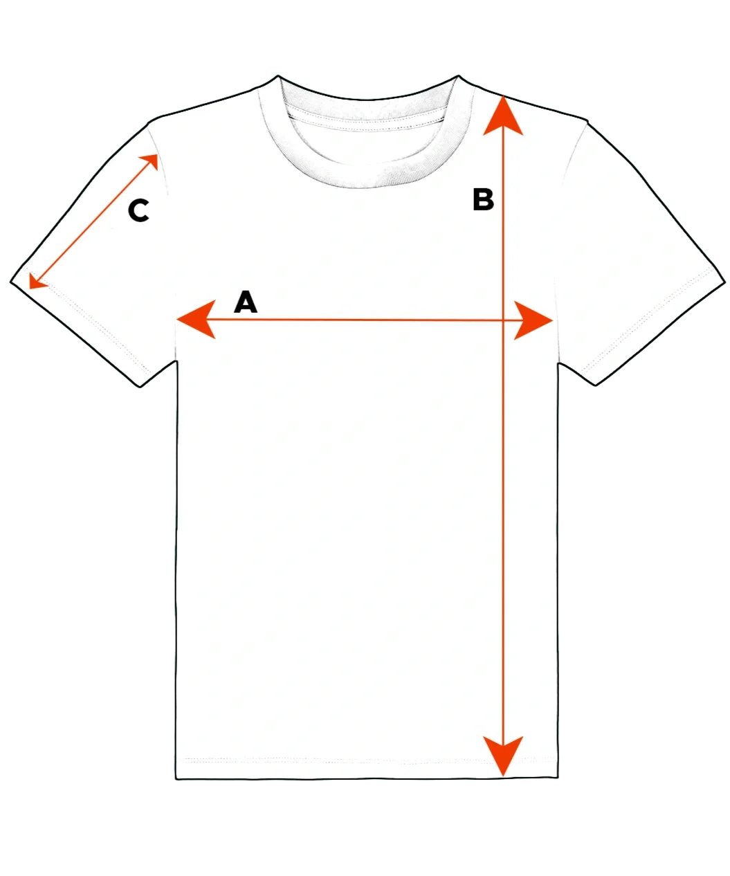 Diagram of a white T-shirt with measurement arrows indicating length from top to bottom labeled B, sleeve length from shoulder to end labeled C, and width across the chest labeled A.