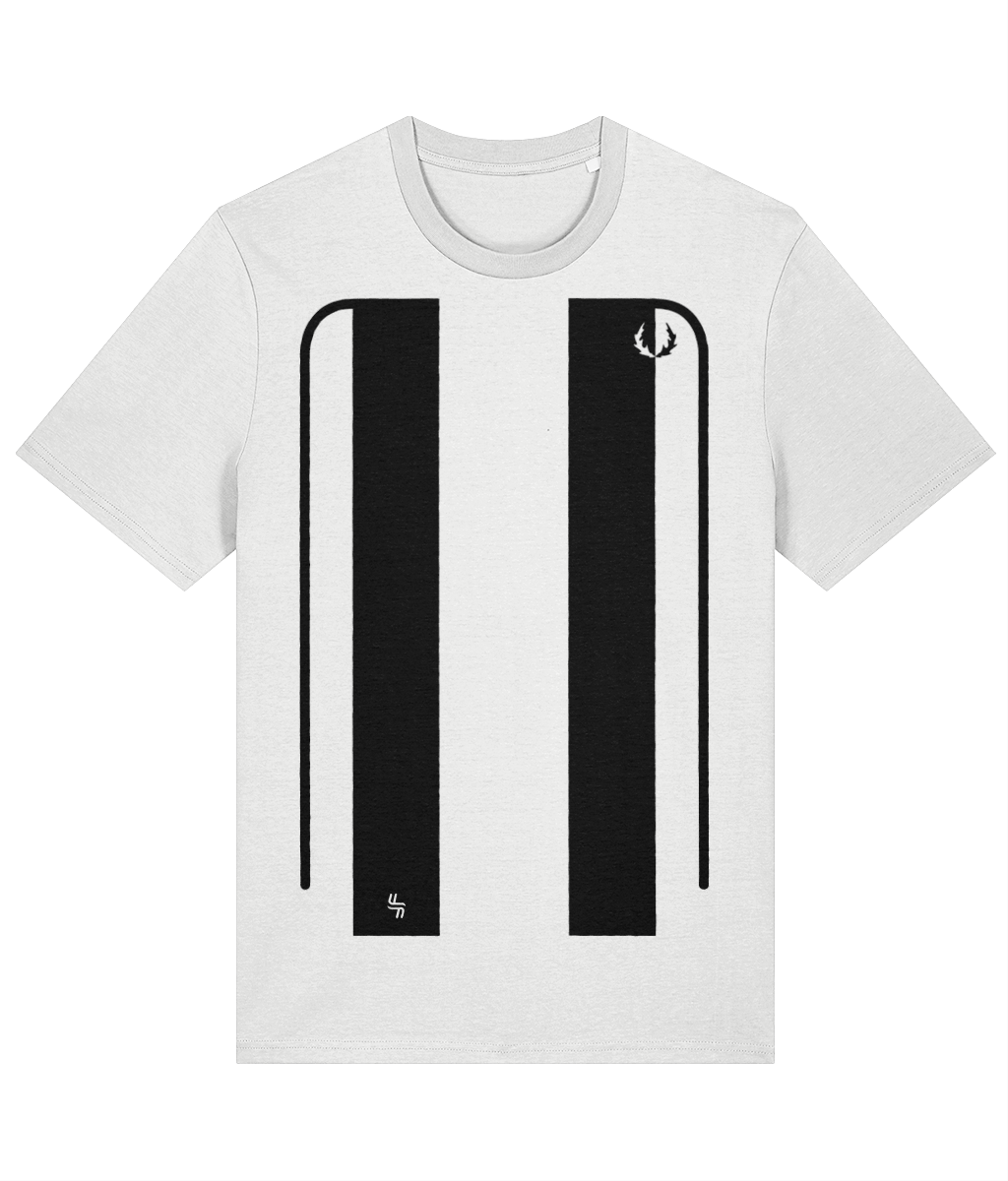 White adult t-shirt with two sets of vertical black bars and lines, stag antlers silhouette and haylien logo