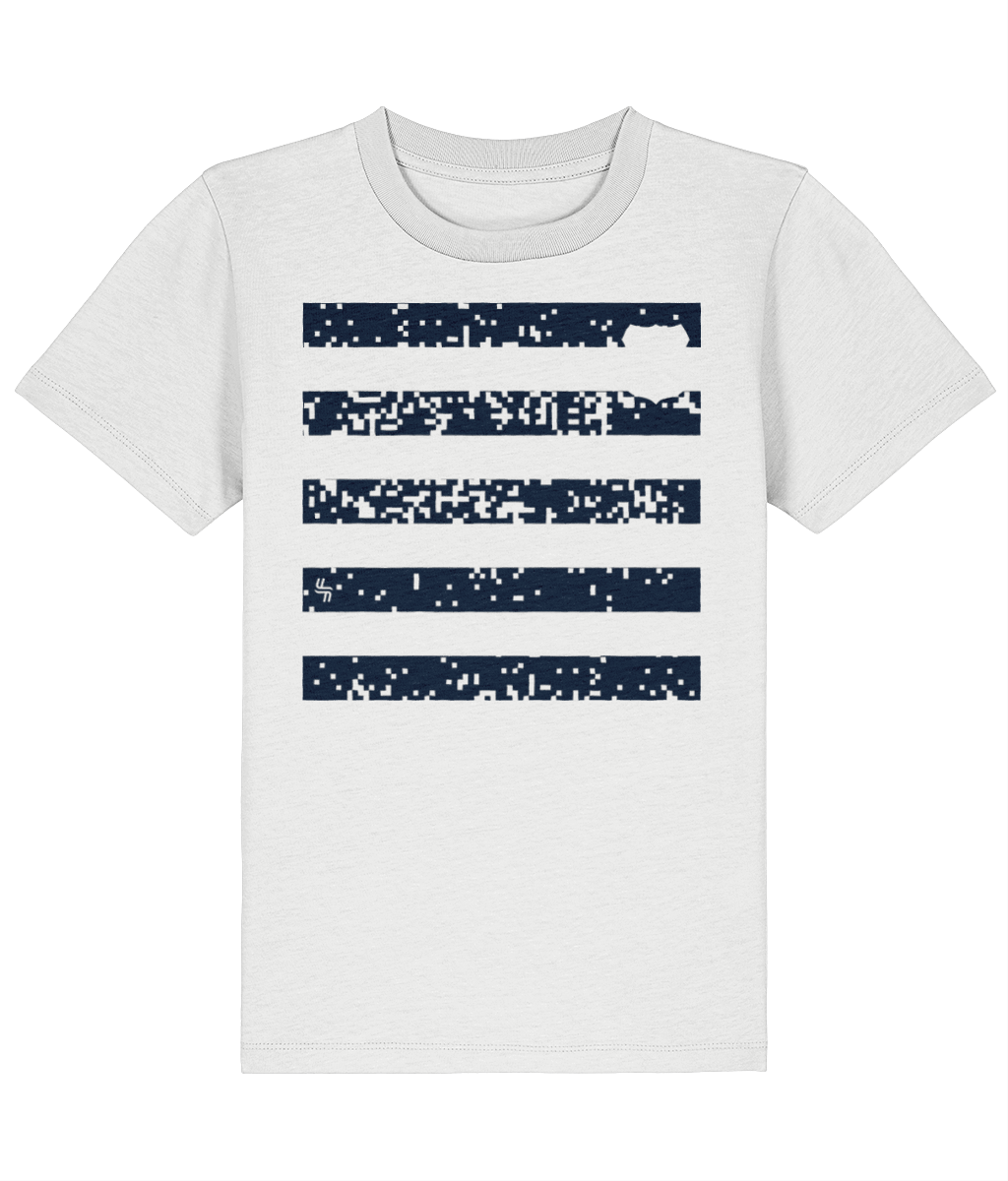 White kids t-shirt with horizontal navy stripes that have a grunge effect through them and haylien logo