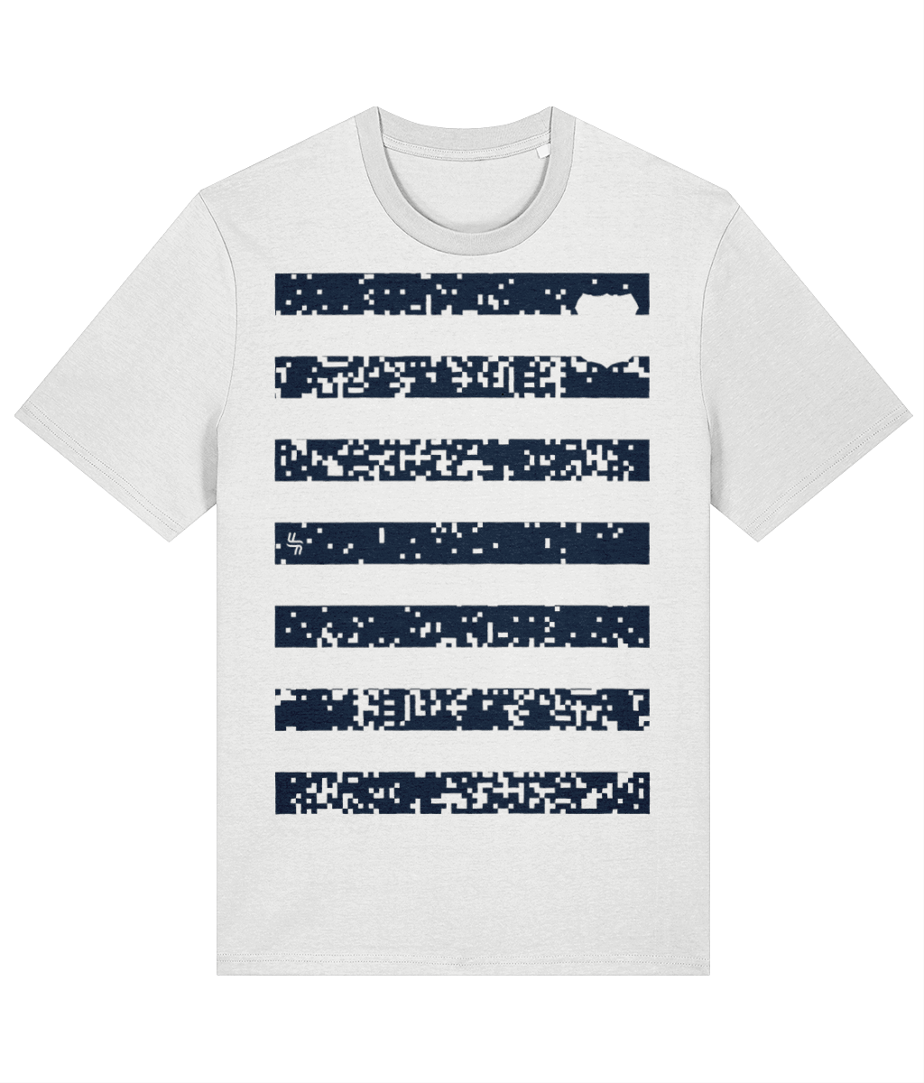 White adult t-shirt with horizontal navy stripes that have a grunge effect through them and haylien logo