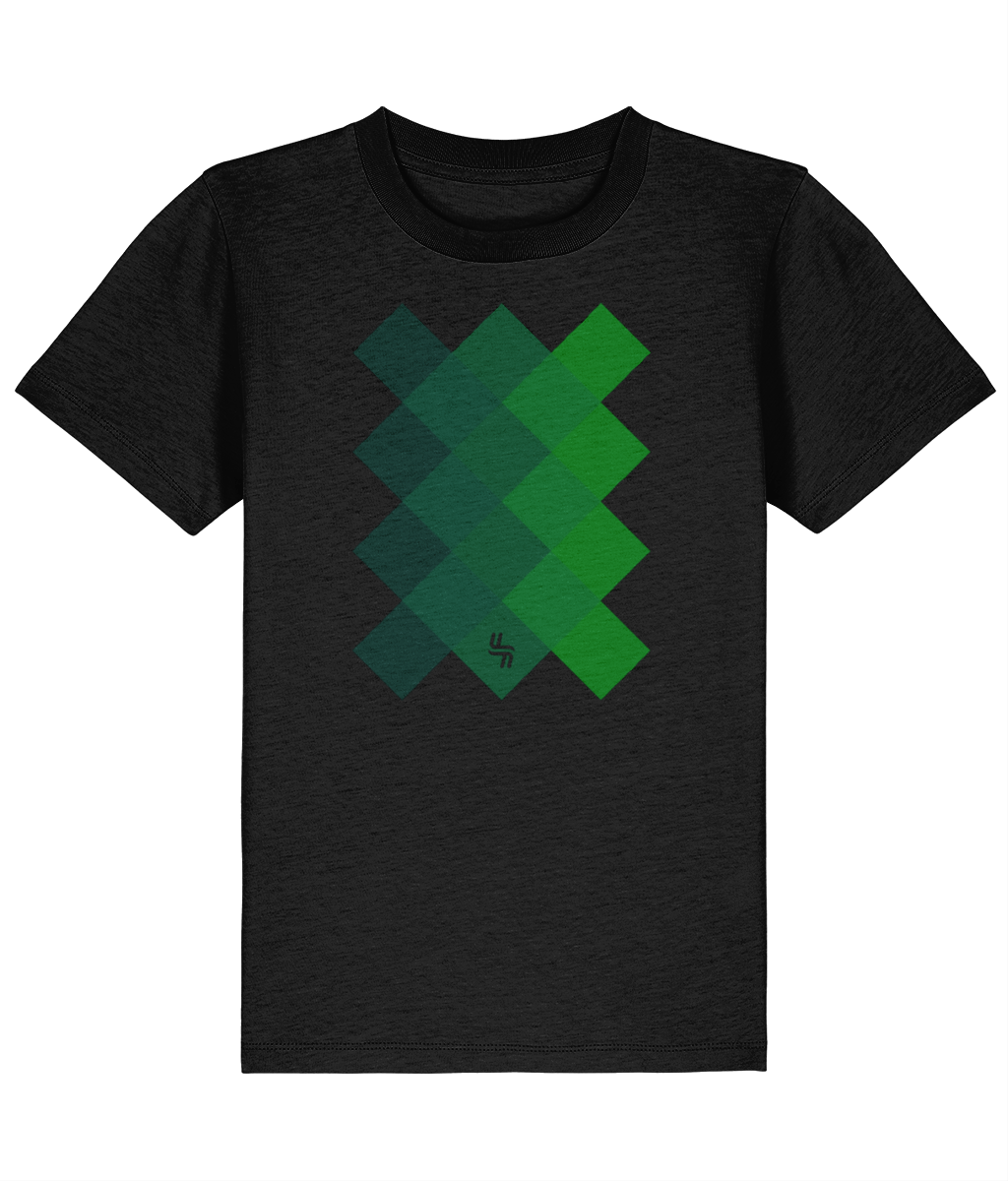 Black kids t-shirt with angled checkeboad that has a green gradient through it and  haylien logo
