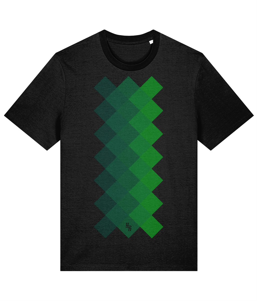 Black adult t-shirt with angled checkeboad that has a green gradient through it and  haylien logo