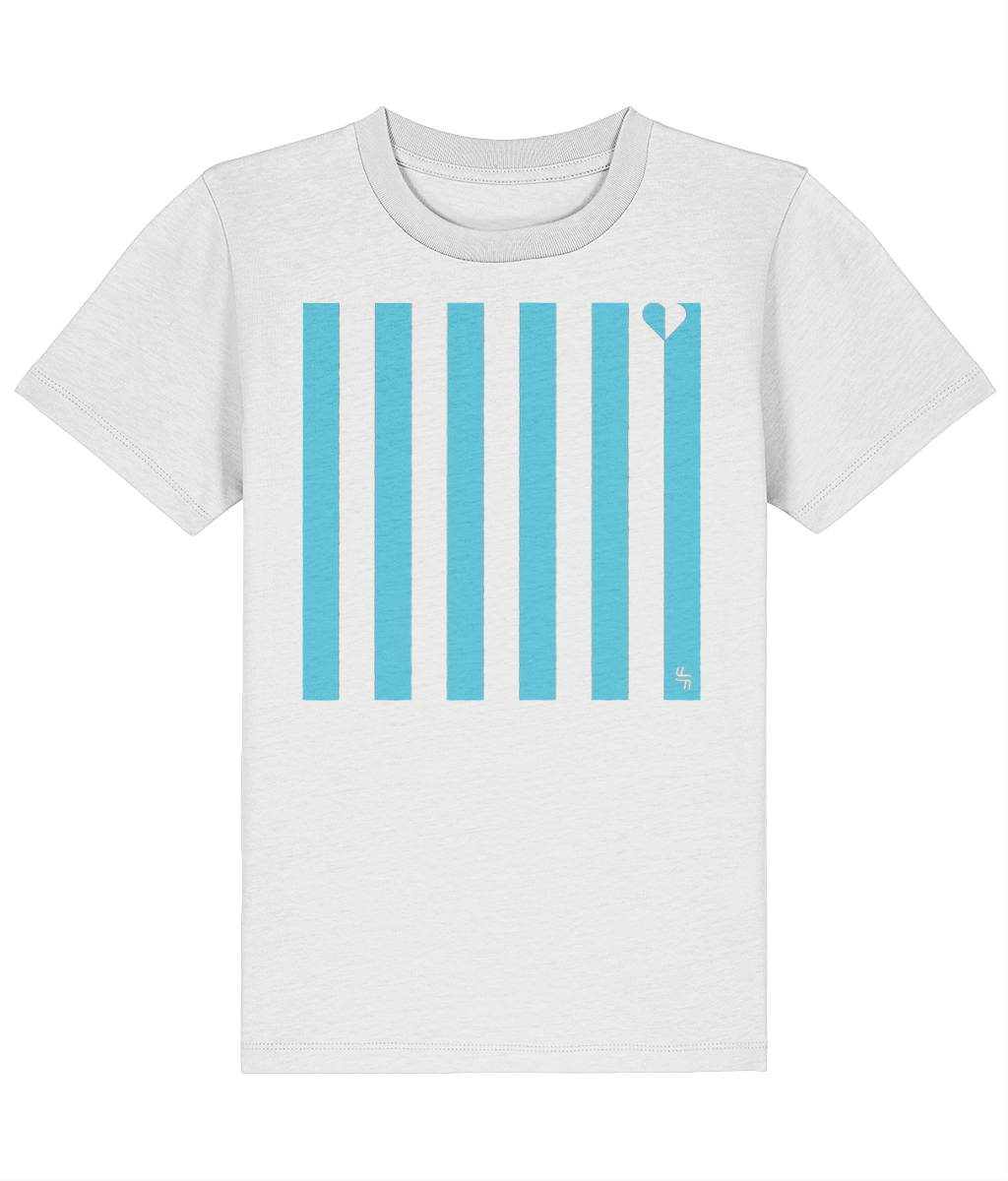 White kids t-shirt with vertical light blue stripes,  heart silhouette graphic in top right hand corner and  haylien logo
