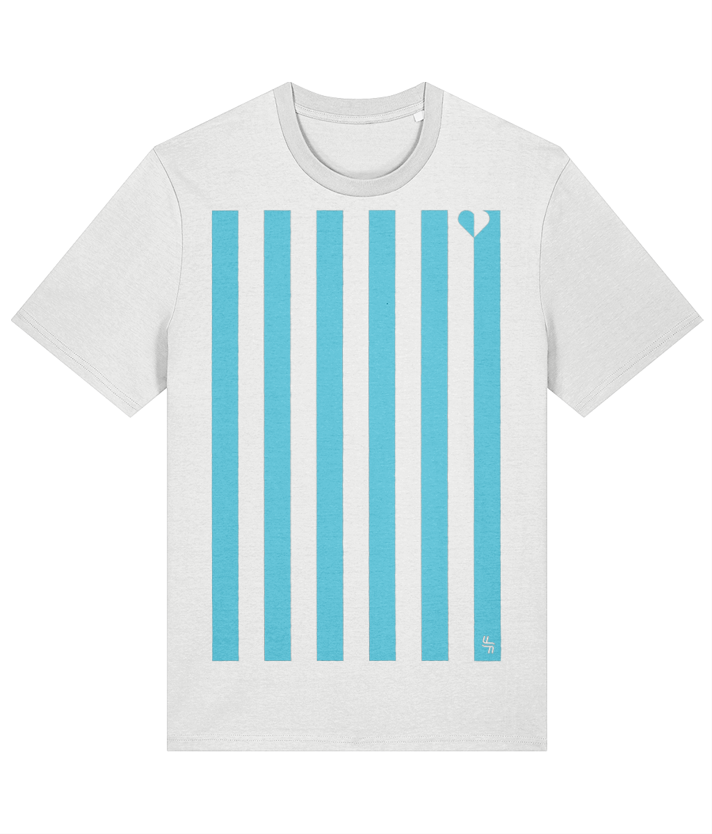 White adult t-shirt with vertical light blue stripes,  heart silhouette graphic in top right hand corner and  haylien logo