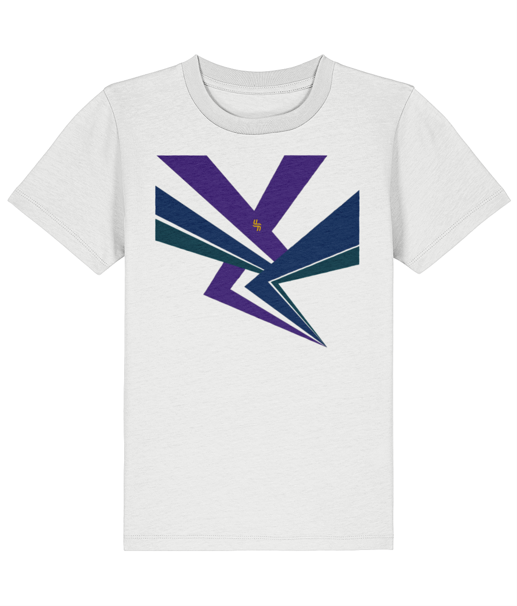 White kids t-shirt with a custom green purple blue bolts graphic and haylien logo