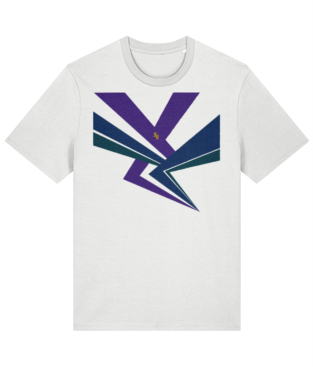 White adult t-shirt with a custom green purple blue bolts graphic and haylien logo