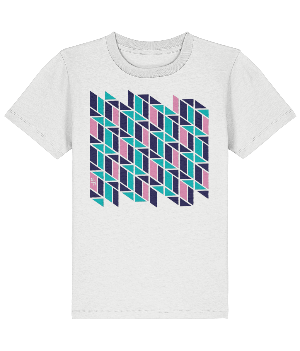 White kids t-shirt with a custom navy pink green geometric pattern graphic and haylien logo