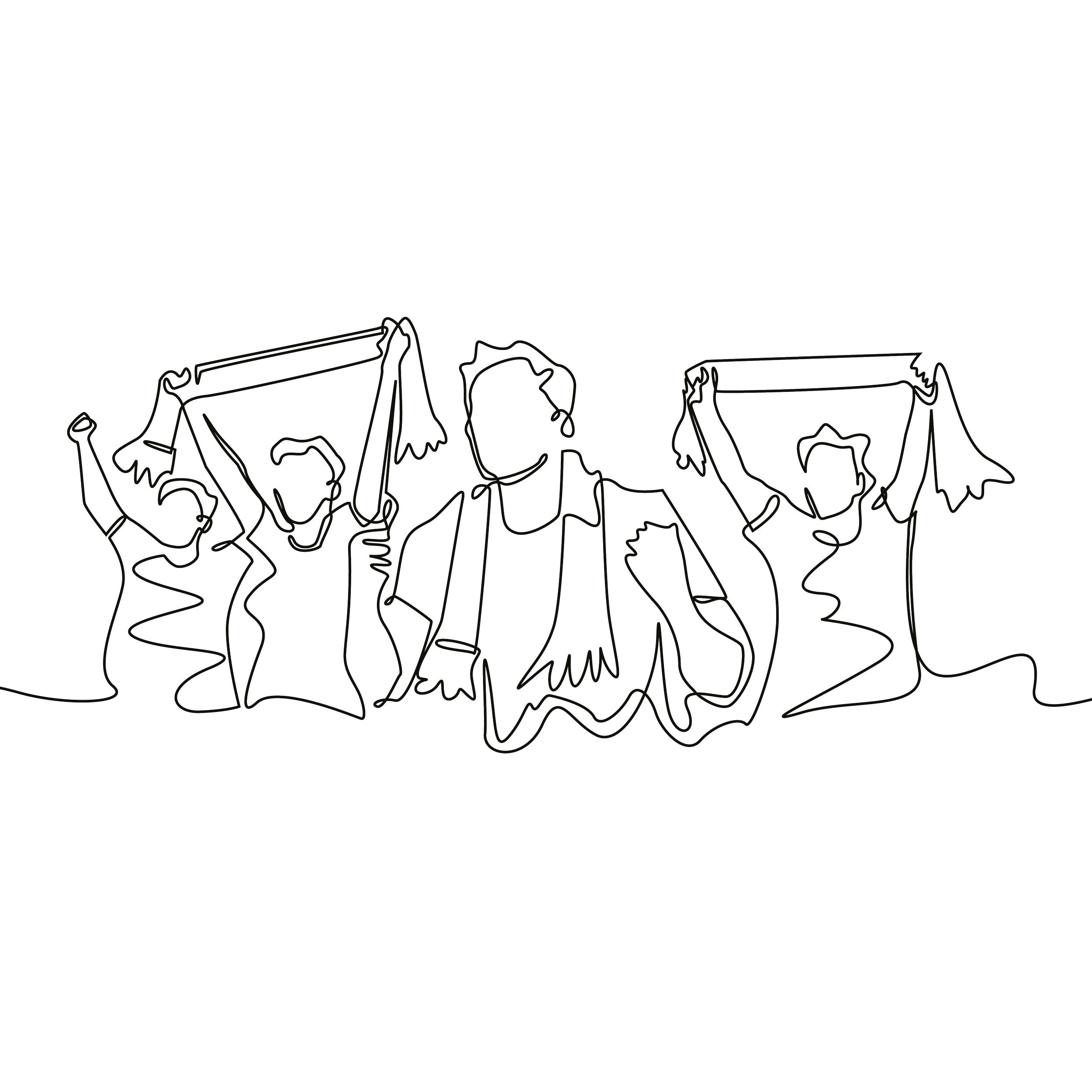 A line drawing of supporters of various genders wearing shirts and waving scarves.