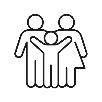 Outline of a family with two adults and one child raising arms, against a black background.