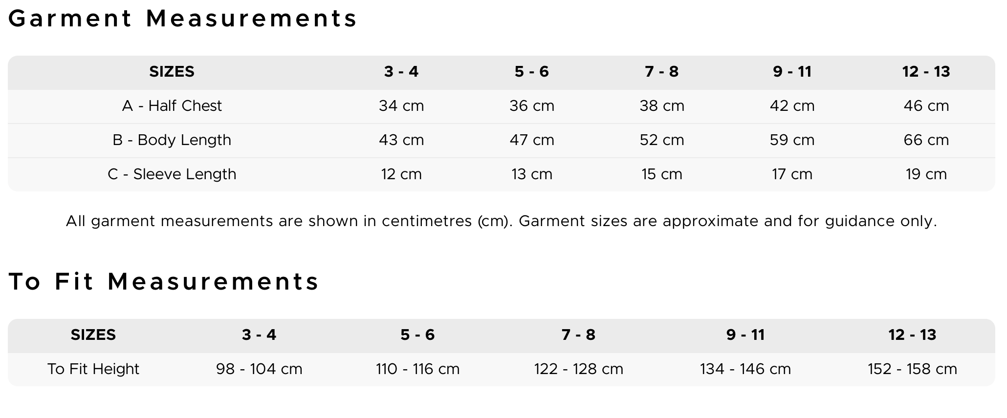 Chart showing garment measurements for different sizes. It includes half chest, body length, and sleeve length in centimeters across sizes 3-4, 5-6, 7-8, 9-11, and 12-13.