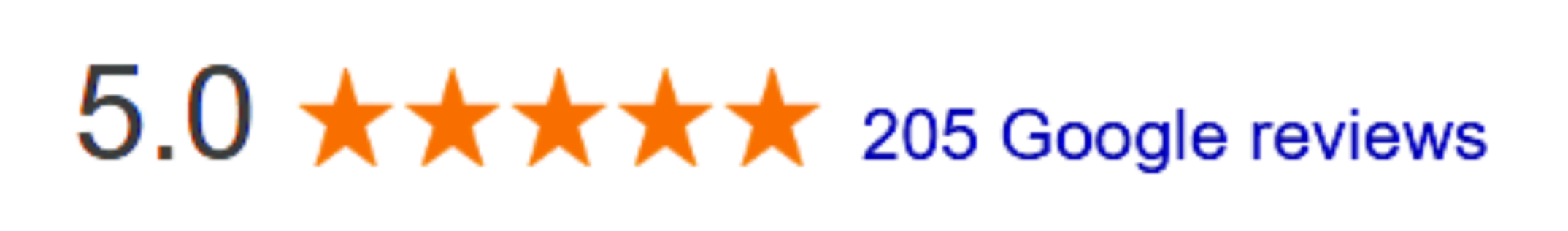 Review score of 5 out of 5 stars, based on 205 Google reviews.